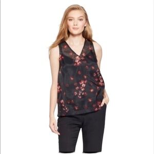 A New Day Sheer Floral V-Neck Sleeveless Blouse Tank Top Black Pink Size Small